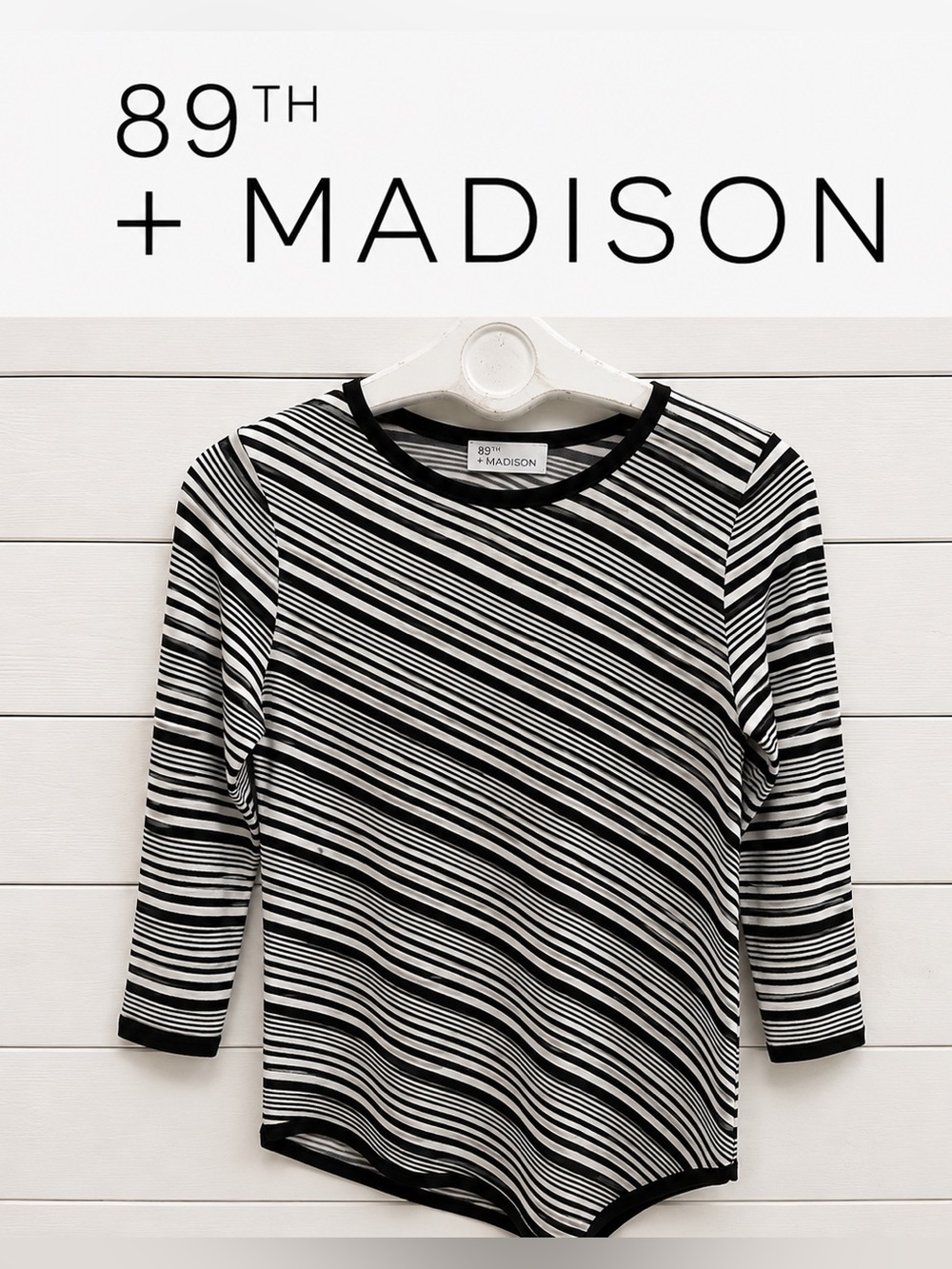 89TH & MADISON – Black & White Striped Asymmetrical Knit Top – Size m
